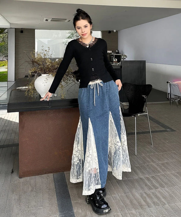 Cross Border Lace Denim Skirt